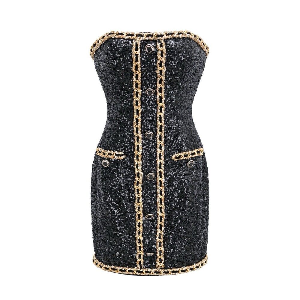 Miss Rosier Eulalia black embellished mini dress Sz S Sequin Gold Party Cocktail